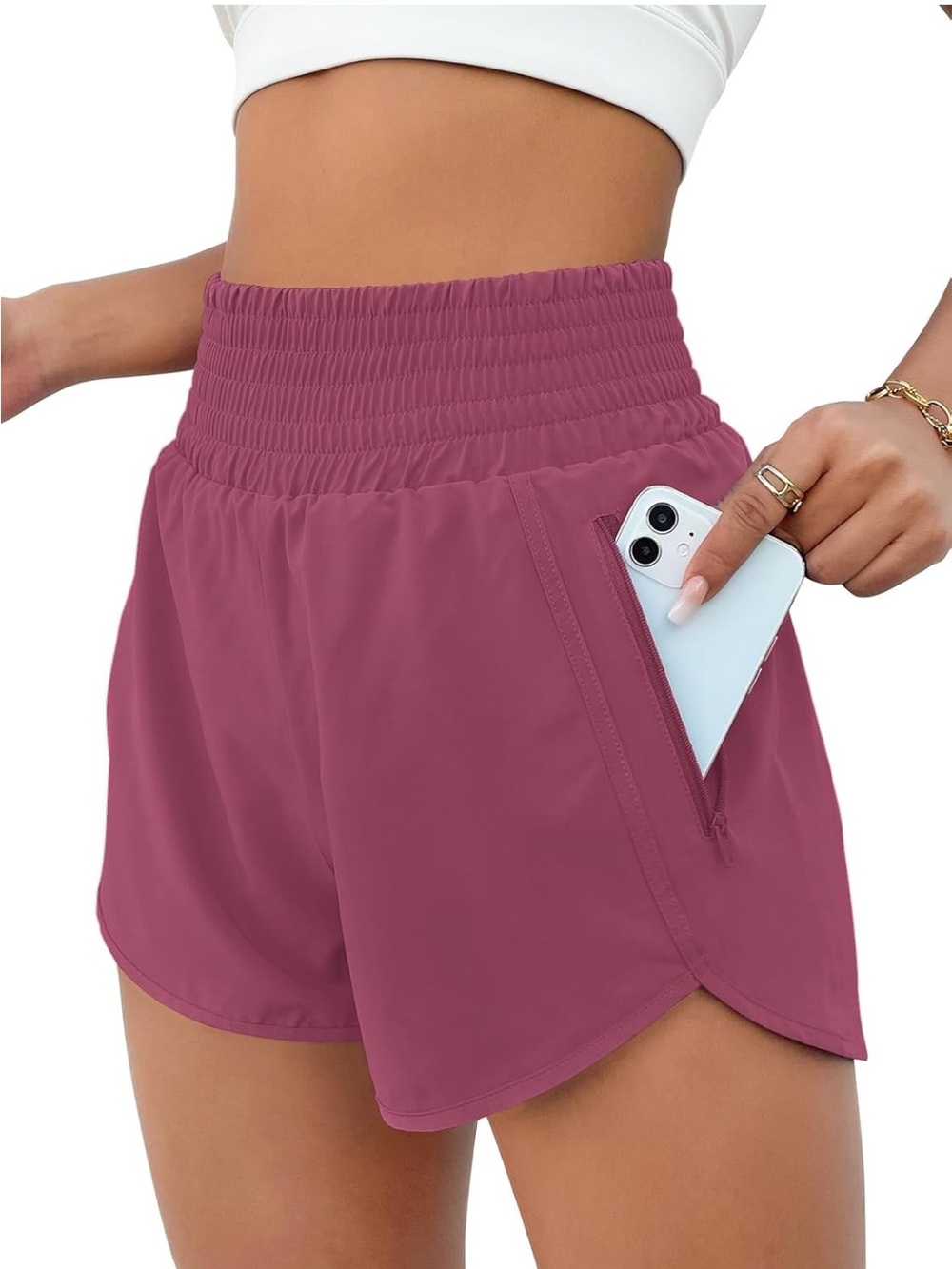 High-Waist Smocked Active Shorts in Mauve